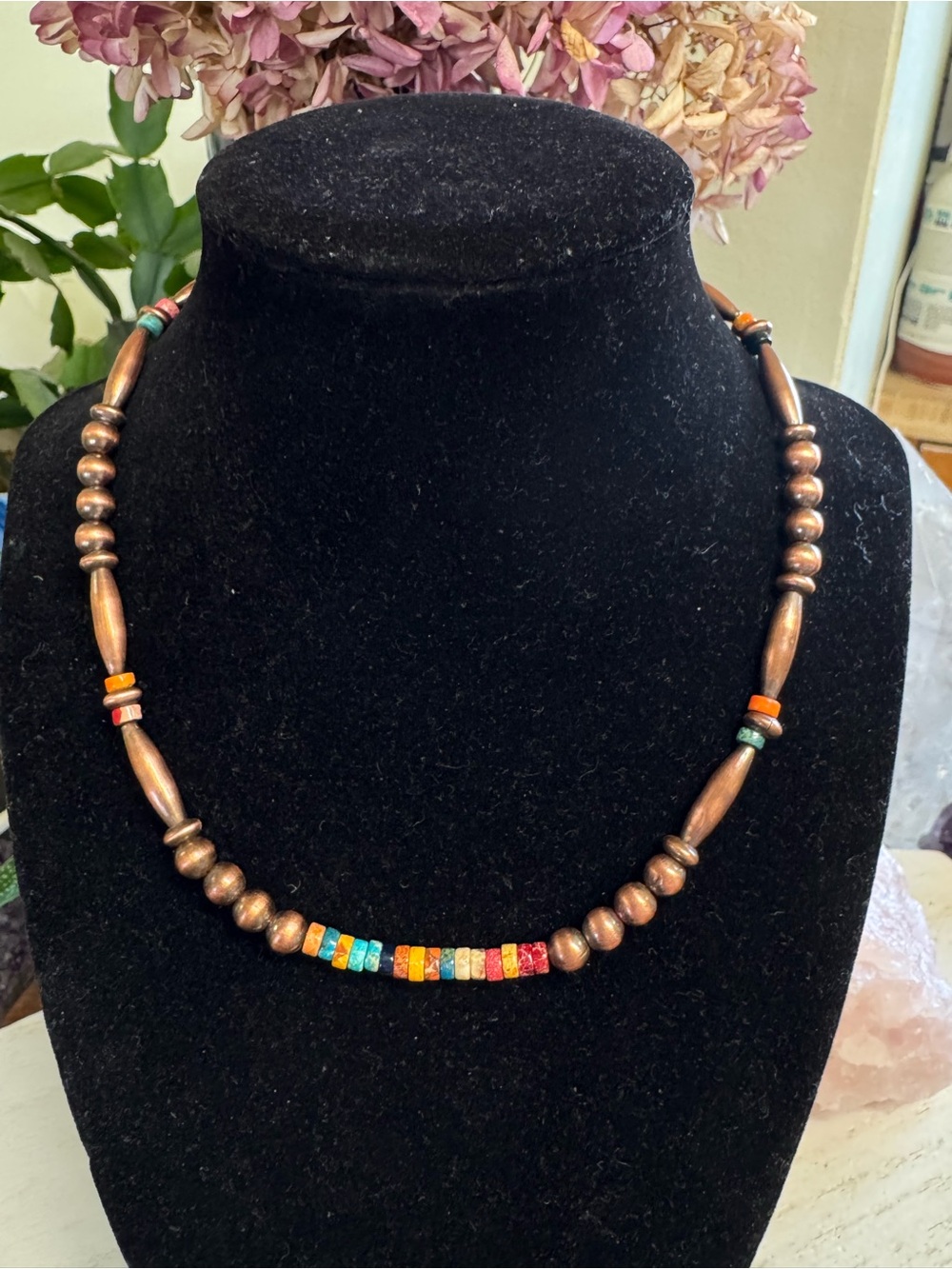16” Copper Bead Choker Necklace with Multicolor Sediment Jasper Heishi Accents